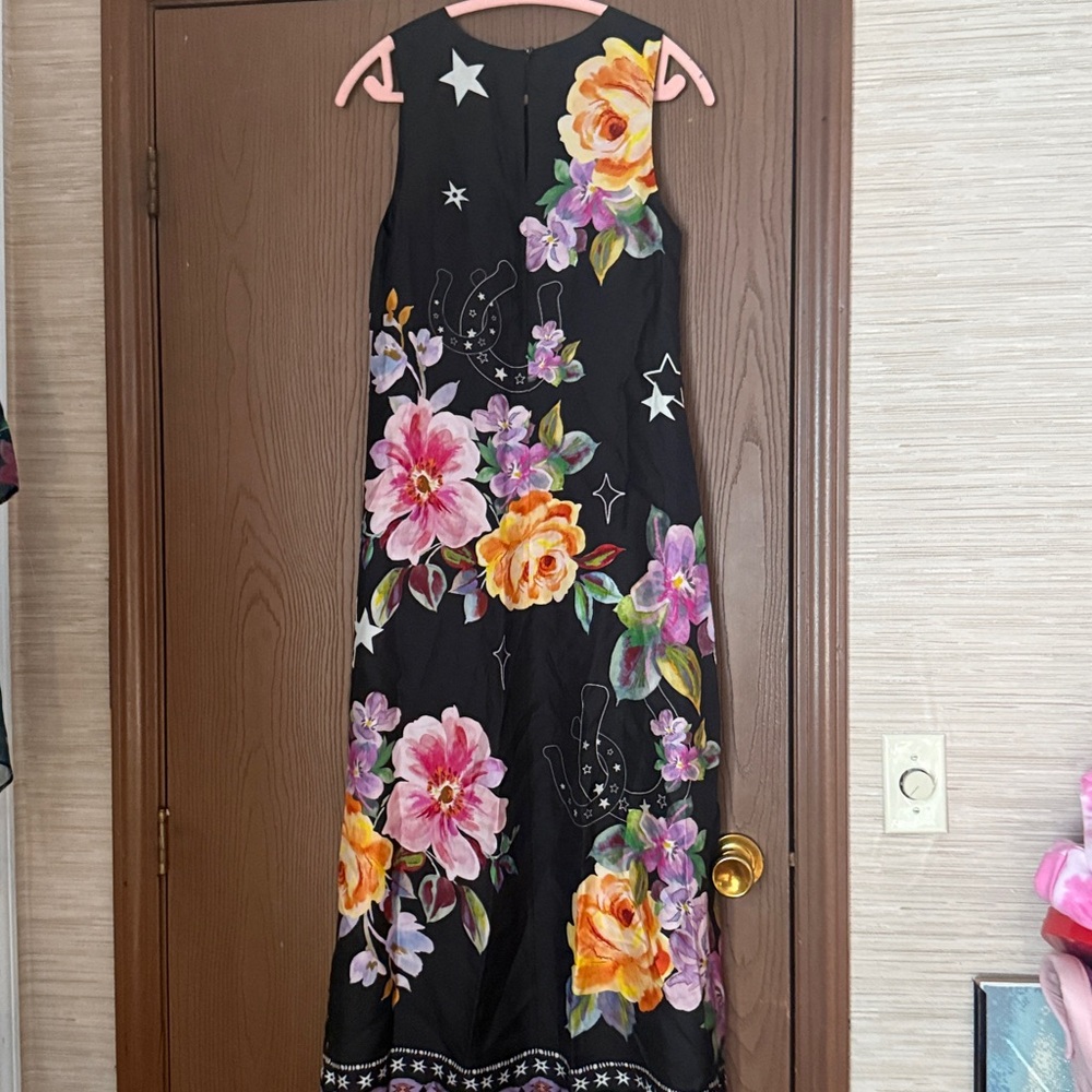 Johnny Was Karolina Black tea length Kasumi Dress with Vibrant Floral Patterns